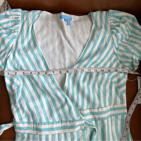 Draper James Women’s Puff Sleeve Turquoise White Striped Wrap Dress Size S NWT - Picture 10 of 14